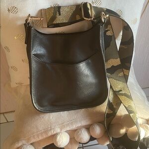 Ah-Dorned Black Leather Crossbody Bag with Camouflage Adjustable Strap,